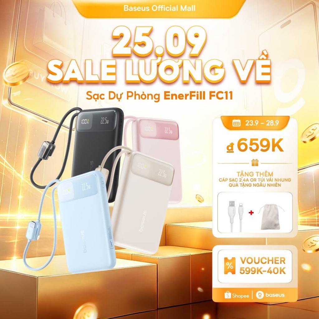 Sạc Dự Phòng EnerFill FC11 BASEUS có sạc nhanh 20W 20000mah thích hợp cho phone 15 / 14 / 13 / 12 xiaomi