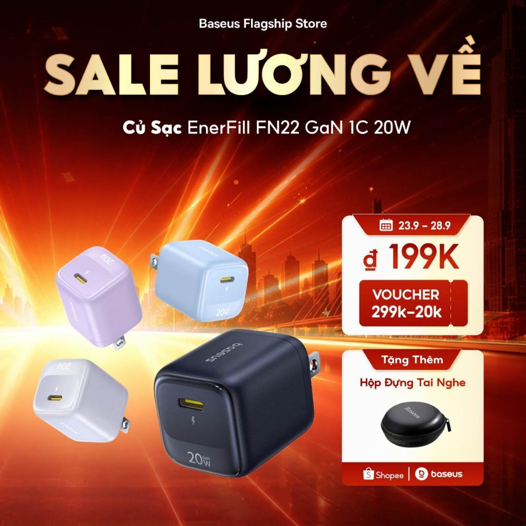 Baseus EnerFill FN22 Sạc Nhanh 1C 20W Bảo Vệ Nhiều An Toàn Bộ Chuyển Đổi Gan Tech Dành cho iPhone 18