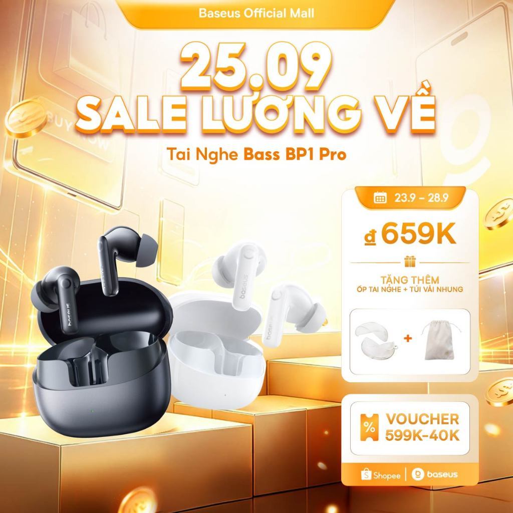 Tai nghe không dây Baseus BP1 Pro ANC -50dB Giảm tiếng ồn Hi-Res Bluetooth 6.0 IPX55 Chống nước 55Hr