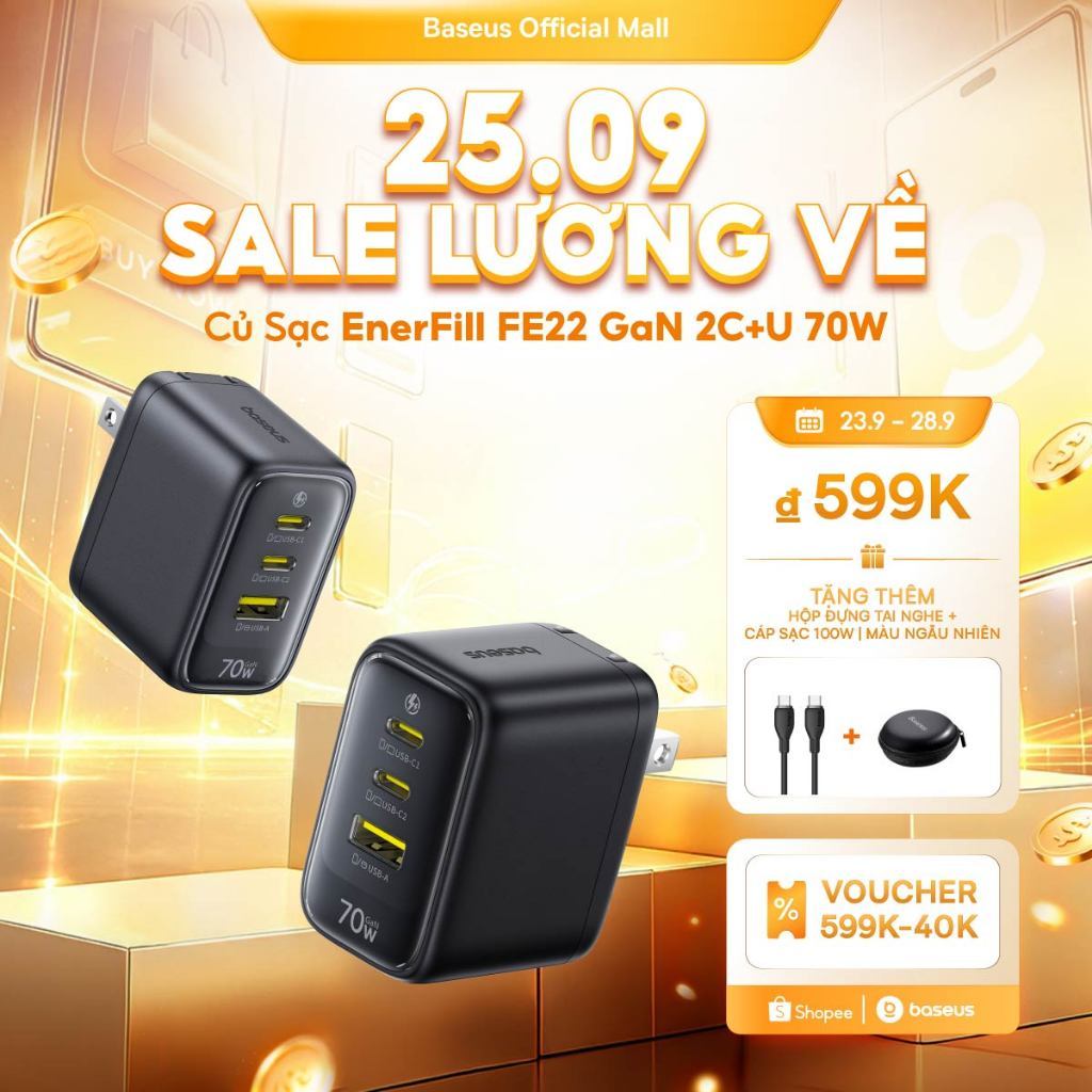 Củ Sạc EnerFill FE22 Baseus 70W 2C + U