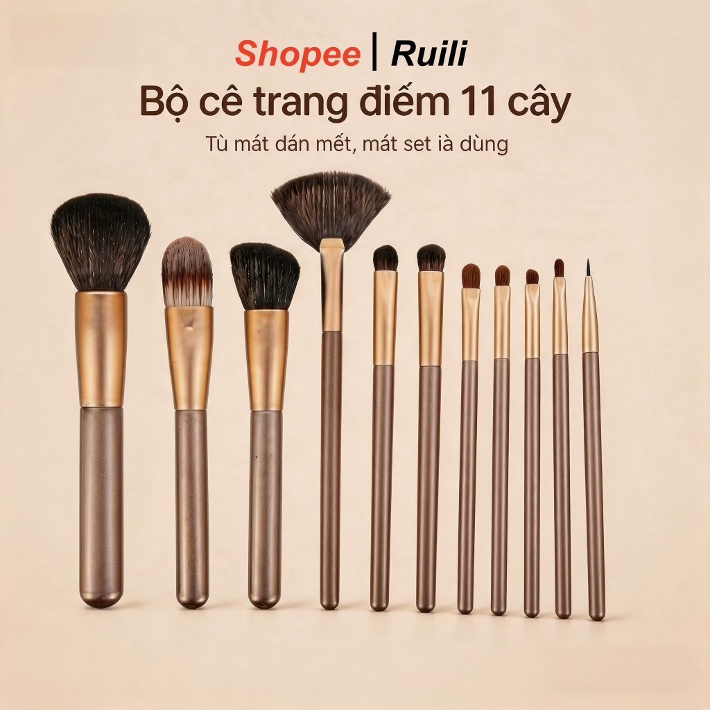 Bộ 11 cọ trang điểm lông động vật mềm, vàng champagne, cao cấp, bộ hoàn chỉnh cho người mới