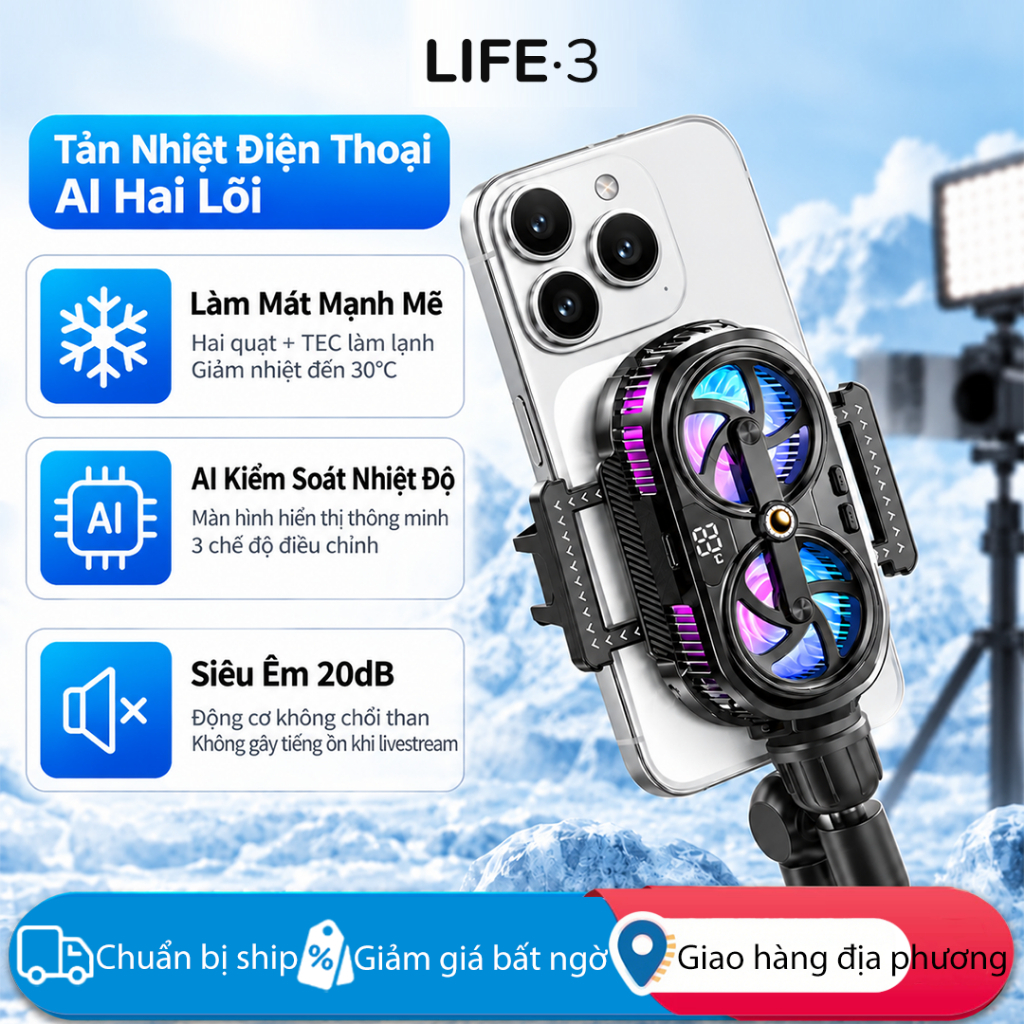 Quạt làm mát điện thoại Clip-On Quạt làm mát bán dẫn 3Life F80 – USB-C Điều khiển nhiệt độ thông minh có độ ồn thấp Đèn RGB, Chill nhanh cho điện thoại chơi game và di động