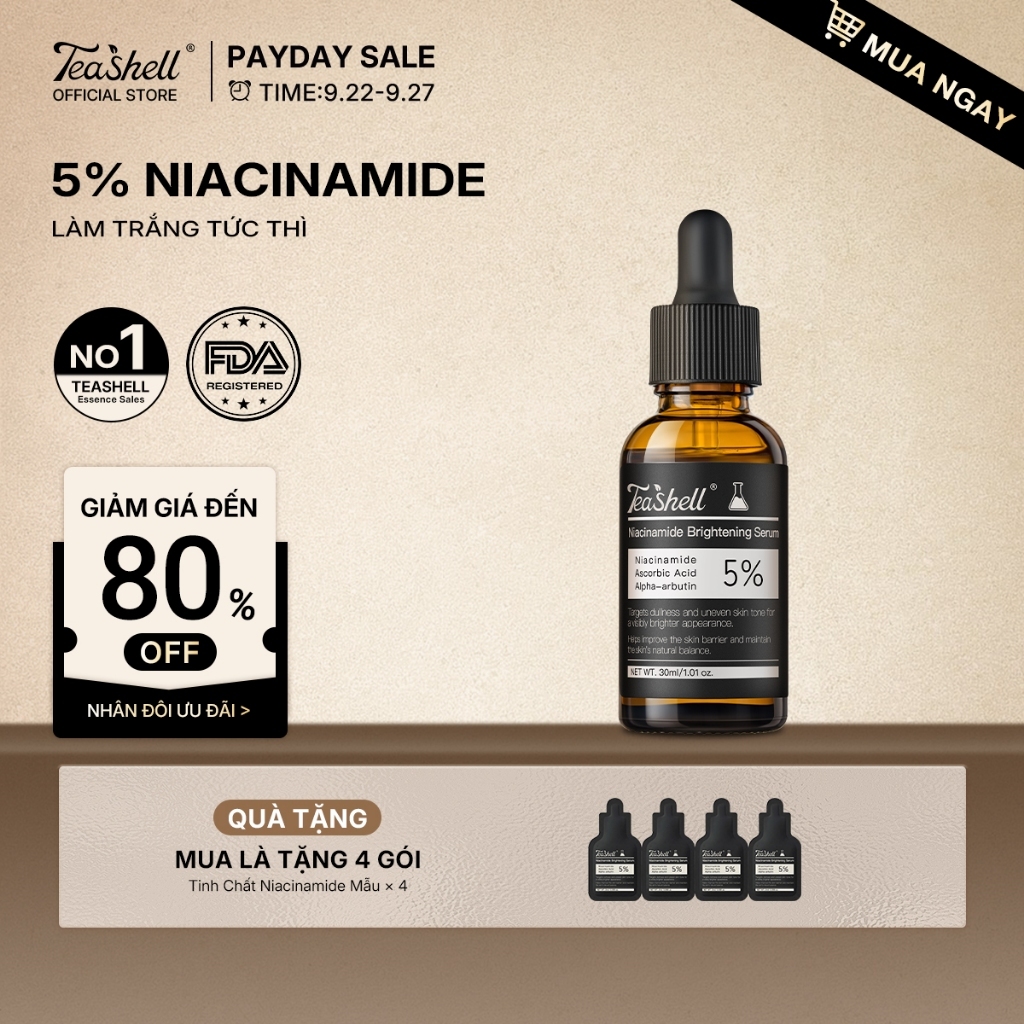 【MUA LÀ TẶNG 4 SẢN PHẨM 】Teashell SERUM LÀM SÁNG 5% Niacinamide + Arbutin 30ml Skin Formula Serum-SpotsBrighte, Giảm Vết Thâm Toner serum cải thiện lỗ chân lông mờ thâm mụn