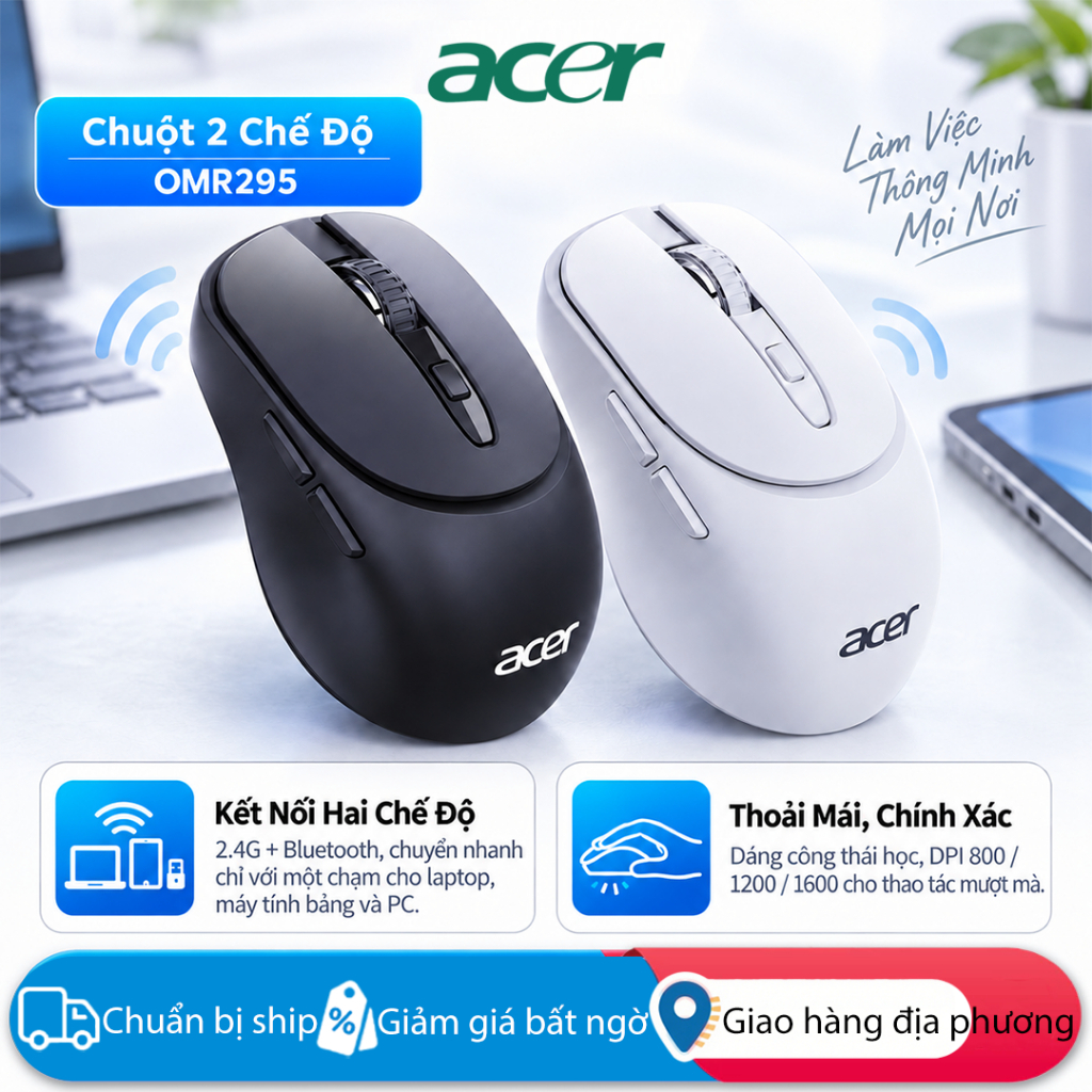 Chuột không dây chế độ kép Acer OMR295 BT 5.0 & 2.4GHz với thiết kế siêu mỏng nhấp chuột im lặng, tiện dụng & Plug-and-Play cho máy tính xách tay, PC, MacBook, Máy tính bảng