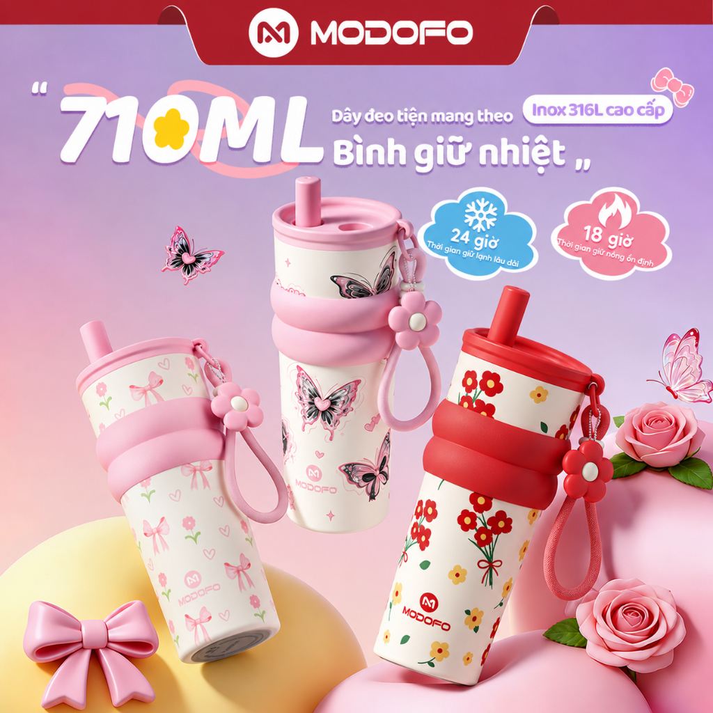 MODOFO【710ML】Bình Giữ Nhiệt Inox 316L Cao Cấp | Giữ Nóng 18H Giữ Lạnh 24H | Có Ống Hút & Lọc Trà | Tặng Dây Đeo