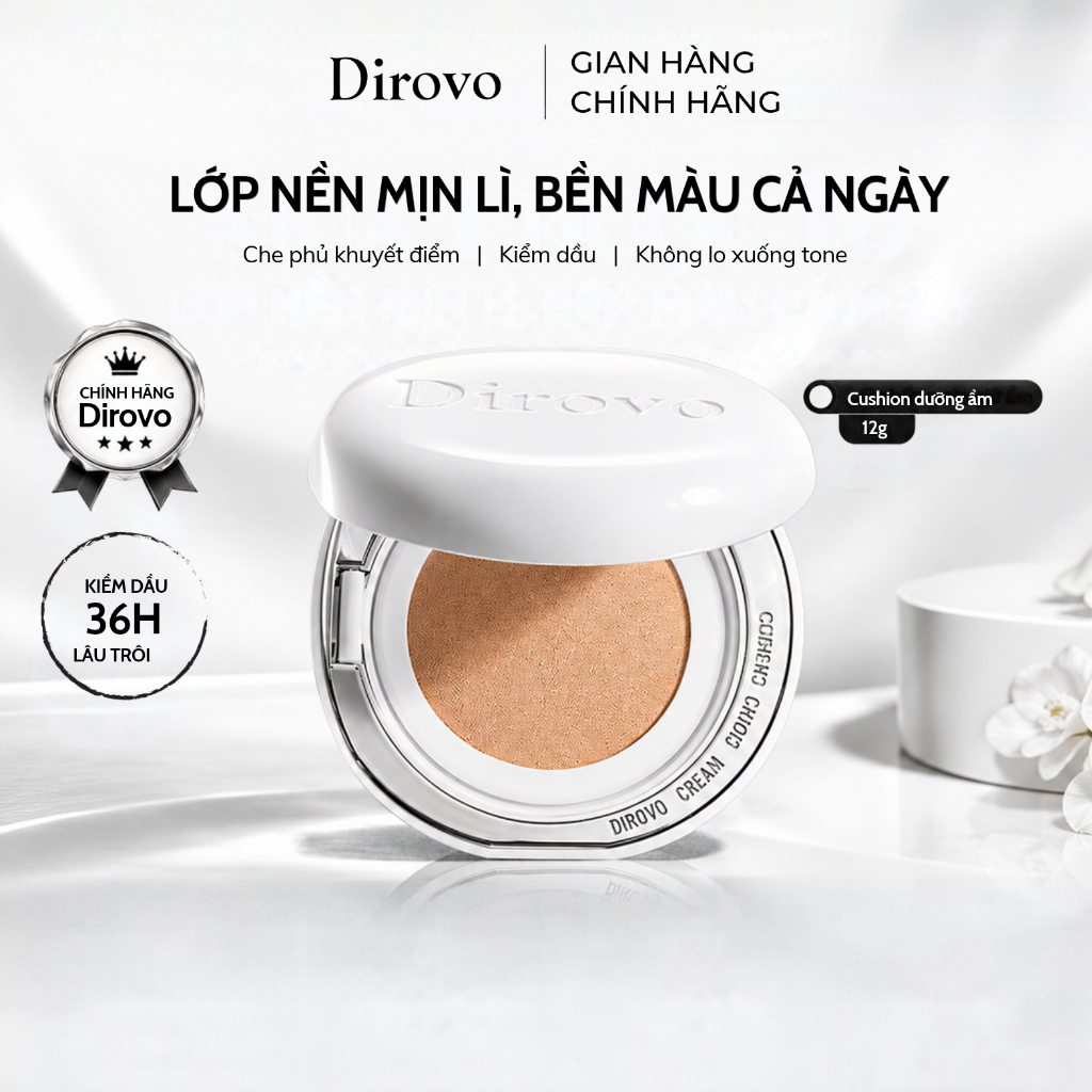 Phấn Nước Cushion Dirovo Kiềm Dầu, Che Phủ Tốt – Lớp Nền Mịn Lì, Lâu Trôi Giữ Lớp Nền 36H 12g