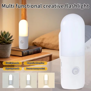 Đèn ngủ LED đa chức năng có cảm ứng thể thao, sạc USB, đèn tường di động, đèn pin, Thích hợp cho cầu thang, hành lang, phòng ngủ Đèn ngủ cảm biến chuyển động 3 màu, đế nam châm phong cách INS, đèn tạo