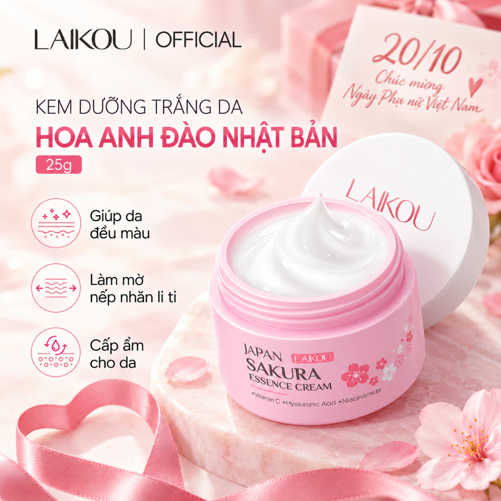 Kem dưỡng trắng sáng da LAIKOU tinh chất hoa anh đào hyaluronic acid sử dụng ngày và đêm chống lão hóa 25g