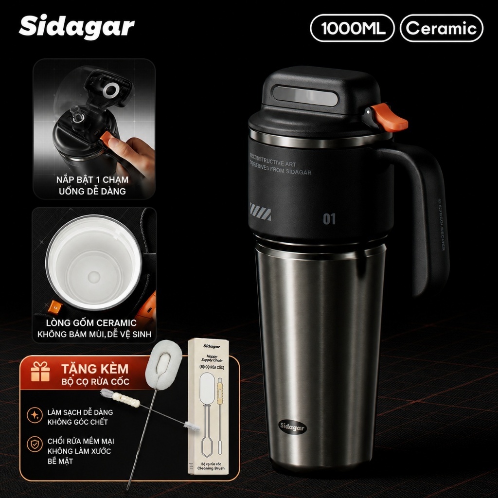 Sidagar Bình giữ nhiệt | Mở nắp một chạm | Dung tích lớn | Phủ gốm sứ | Giữ nóng lạnh | BigBuy360 - bigbuy360.vn