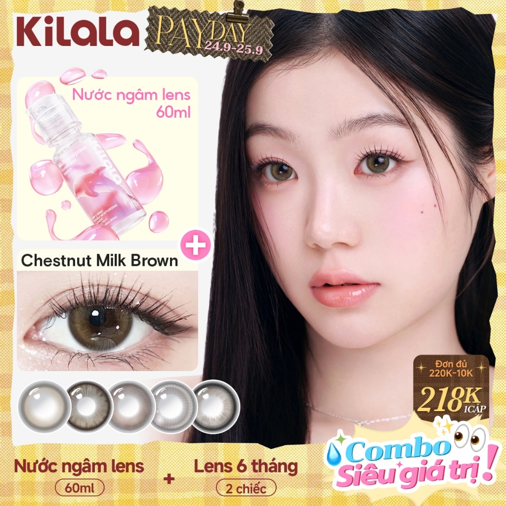 [ Combo ] Kính áp tròng màu Kilala + 60ml Nước ngâm lens Nâu Đen White Peach Brown/Pearly Grey lens cận 6 tháng DIA 14.2mm có độ (0-7) [Giá 2 chiếc lens ]