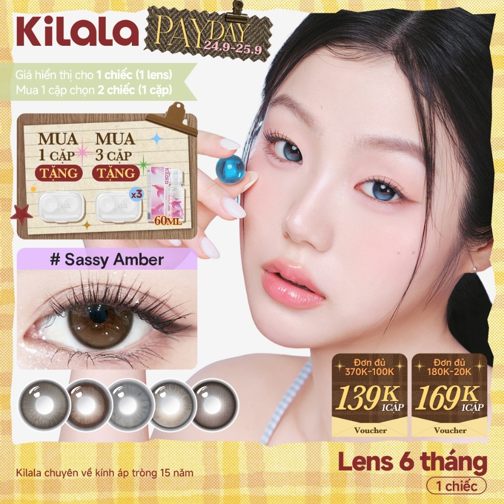 Kính áp tròng màu Kilala Nâu Sassy Amber/Naughty Rose/Wild Brown lens cận 6 tháng DIA 14.2-14.5mm có độ (0-7)[Giá 1 chiếc lens ]