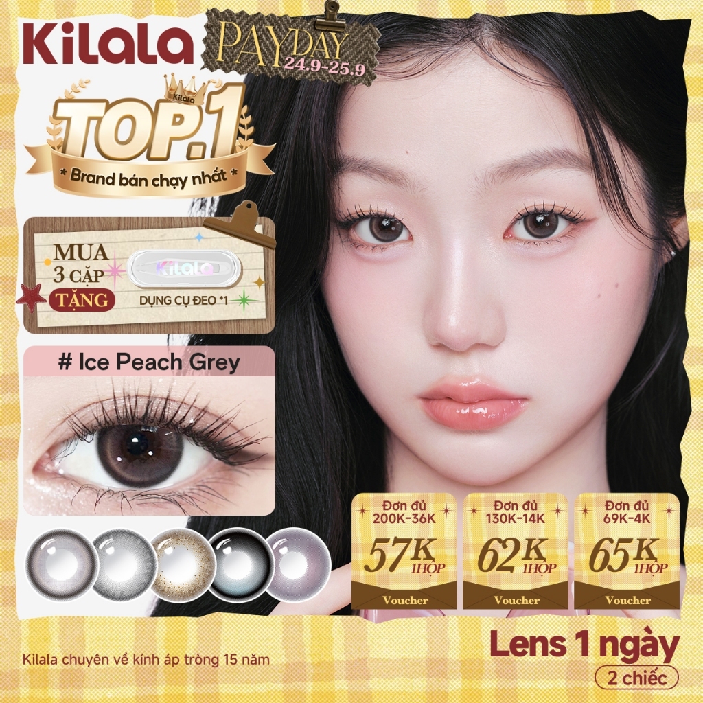 Kính áp tròng Kilala lens 1 ngày màu xám  DIA 14.0mm 14.2mm 14.5mm Ice Peach Grey,Chestnut Milk Brown,Amber Rose​,Starry Blue và màu xám  lens cận  có độ (0-7) 2 chiếc