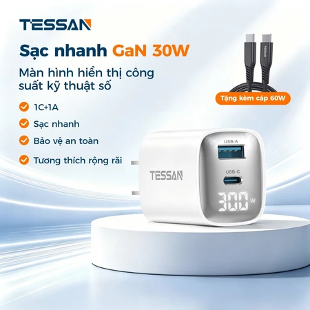 Sạc iPhone Sạc Nhanh iPhone TESSAN Củ Sạc iPhone Sạc Nhanh Type C GaN 30W LED USB C Du Lịch