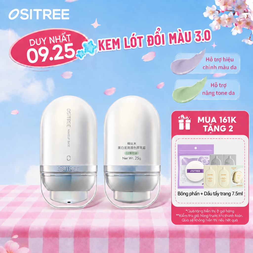 OSITREE Kem lót đổi màu theo tông da：Nâng tông nhẹ, giảm xỉn màu, chứa chiết xuất thảo mộc, giúp da sáng mịn tự nhiên.