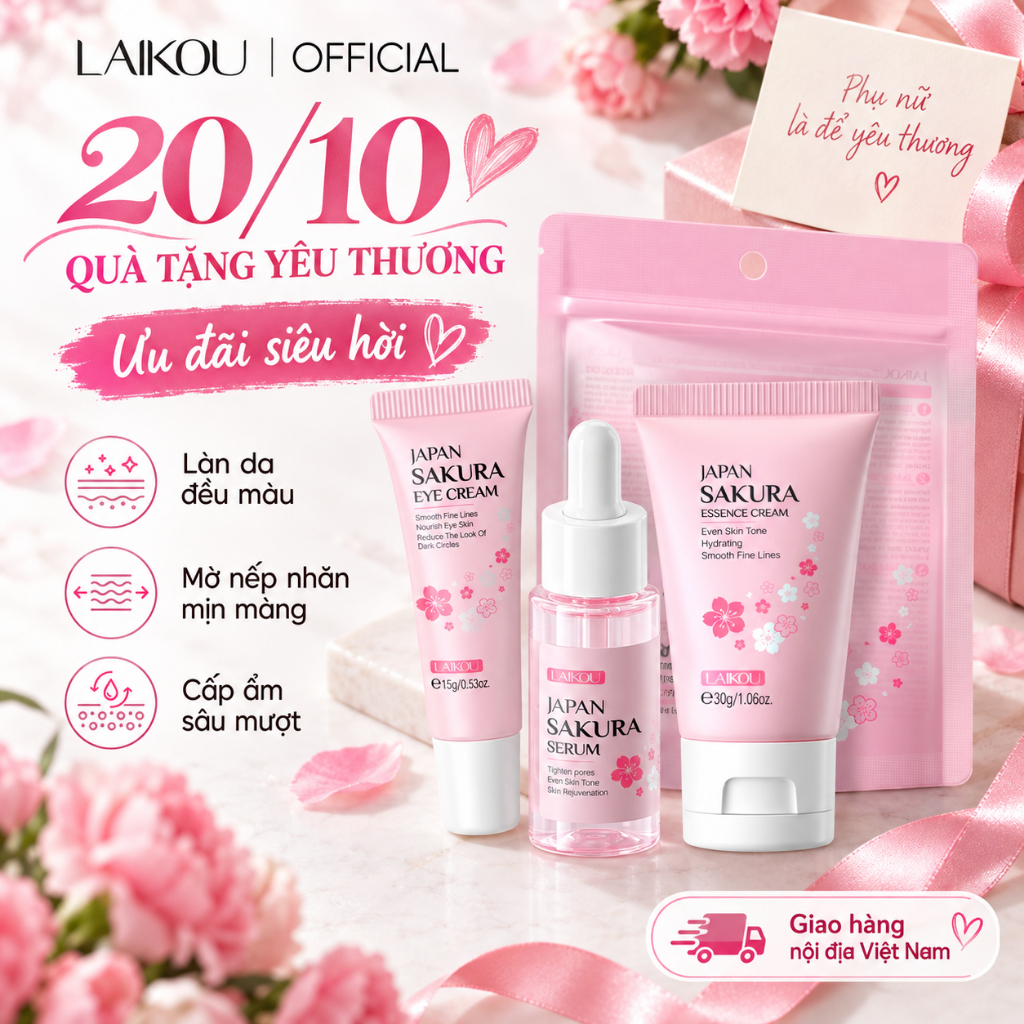 Bộ Skincare LAIKOU Sakura Nhật Bản 3 Món Serum + Kem Mắt + Kem Dưỡng Da Cấp Ẩm Làm Sáng Da