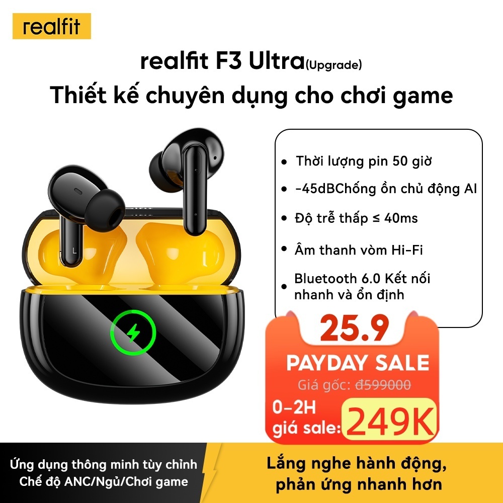 Tai nghe Realfit F3 Ultra Bass mạnh Khử ồn -45dB Điều khiển APP Pin 50H kết hợp hộp sạc, Độ trễ thấp