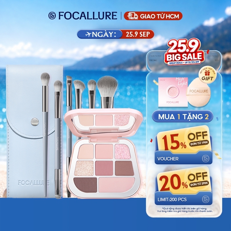 Bộ cọ trang điểm 6 mảnh chính xác FOCALLURE + Bảng phấn mắt