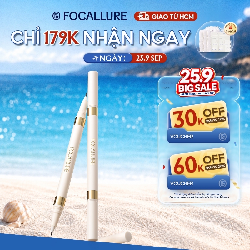Bút kẻ mắt dạng lỏng FOCALLURE 2 đầu trong 1 khô nhanh chống nước không nhòe màu đen nâu 1.2g
