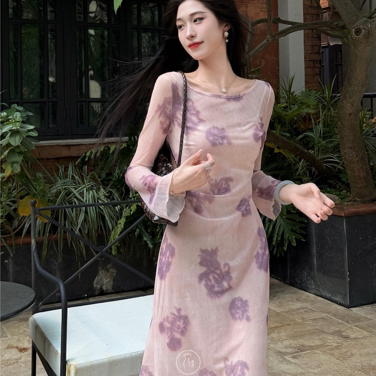 Pháp Gợi Cảm Hoa Tím Voan Dài Nữ Ôm Hơn Nhìn Co Giãn Cổ Tròn Dài Tay In Hình Giữa Chiều Dài Chữ A Đầm