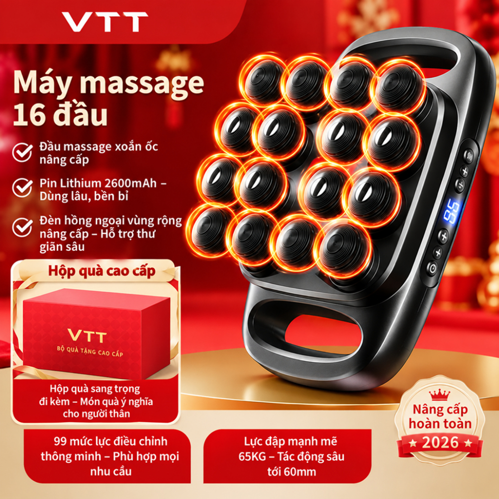 Máy Massage 16 đầu VTT – Pin 2600mAh được nâng cấp, 99 tốc độ, Trị liệu ánh sáng đỏ, Massage mô sâu
