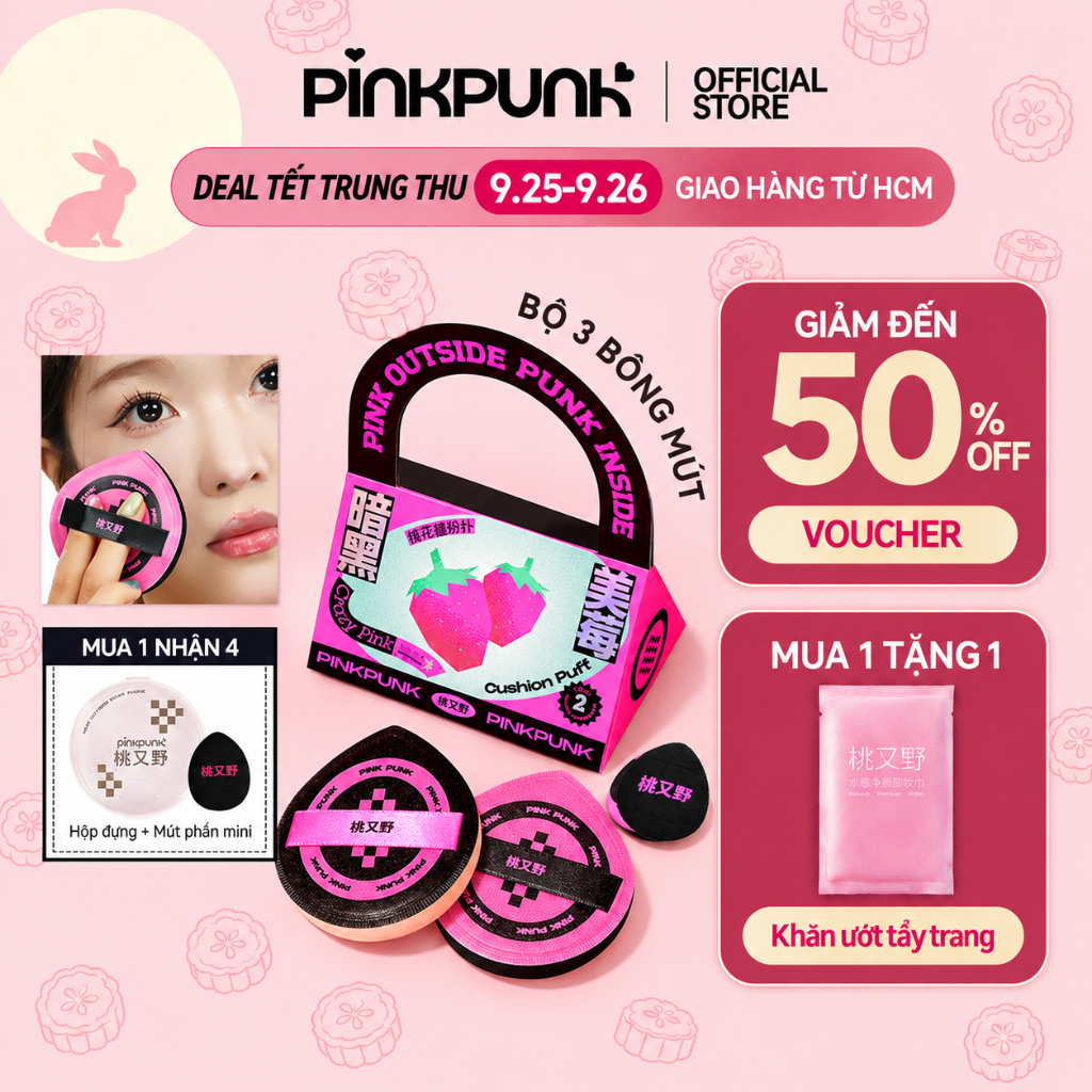 Bông mút PinkPunk 3pcs bông mút tán kem nền mút trang điểm sử dụng ướt và khô đa năng với hộp đựng