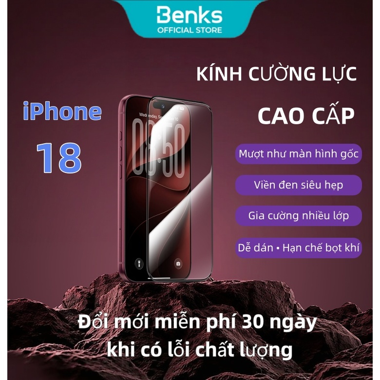 BENKS Kính Cường Lực Ultra Shield HD iPhone 18 Pro / 18 Pro Max / 17 Pro / 17 Pro Max / 16 Pro Max, 2 Miếng, Chống Vỡ Chống Nổ, Full Màn Hình