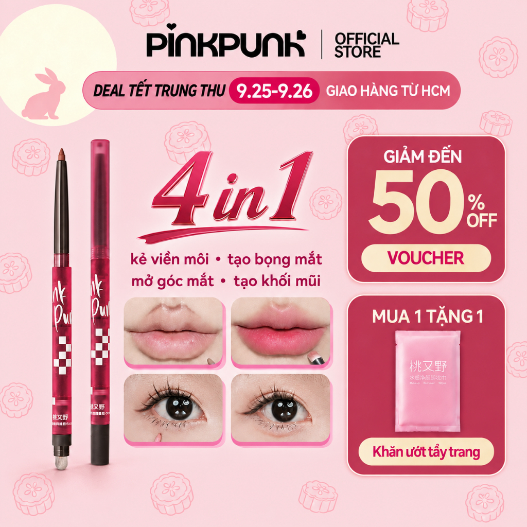 [MỚI] Bút Chì Kẻ Viền Môi PinkPunk 4 in 1 kẻ Bọng Mắt Mở Góc Mắt Tạo Khối Mũi Sáp Kết Cấu Căng Mọng 0.25g
