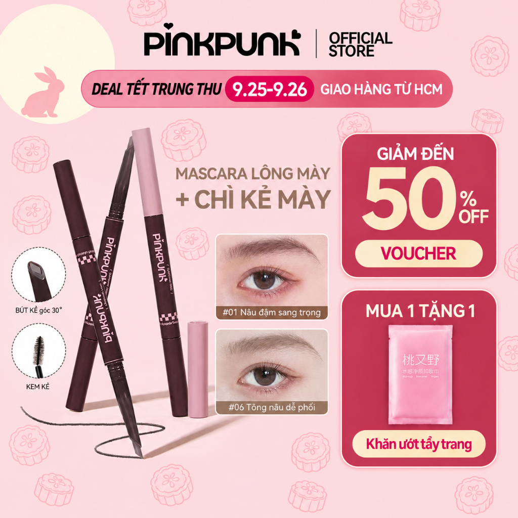 Mascara Lông Mày 2 đầu PinkPunk Chì kẻ mày Tự Nhiên 8 Màu Chống Nước & Nhòe Không Lem(280mg + 1.5g)