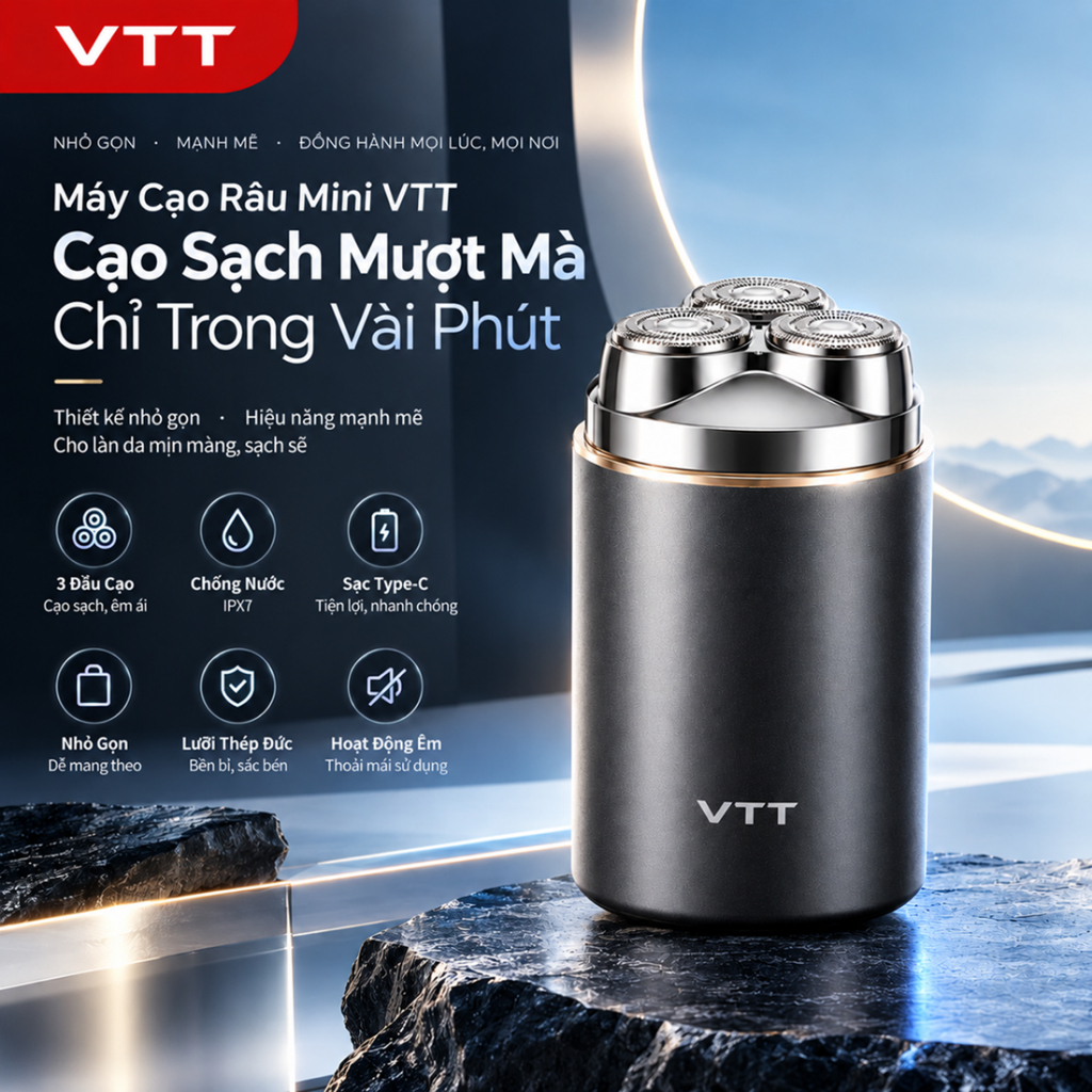 Máy cạo râu điện VTT – Tuổi thọ pin 60 ngày, Chống nước IPX7, 3 đầu Lưỡi thép, Cạo râu nhanh hơn 3x