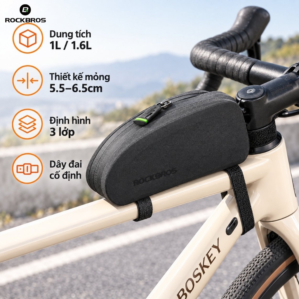 【Giao hàng 3 ngày】ROCKBROS Túi Gắn Ống Trên Xe Đạp 1L 1.6L Thiết Kế Mỏng Có Khung Định Hình
