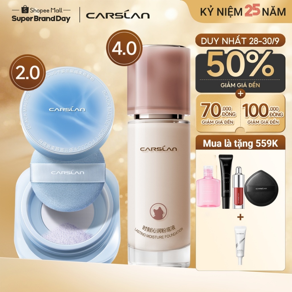 【COMBO】 Phấn phủ Carslan Black Magnet 2.0 8g + Kem nền ẩm lâu dài 4.0 mới Carslan 30g