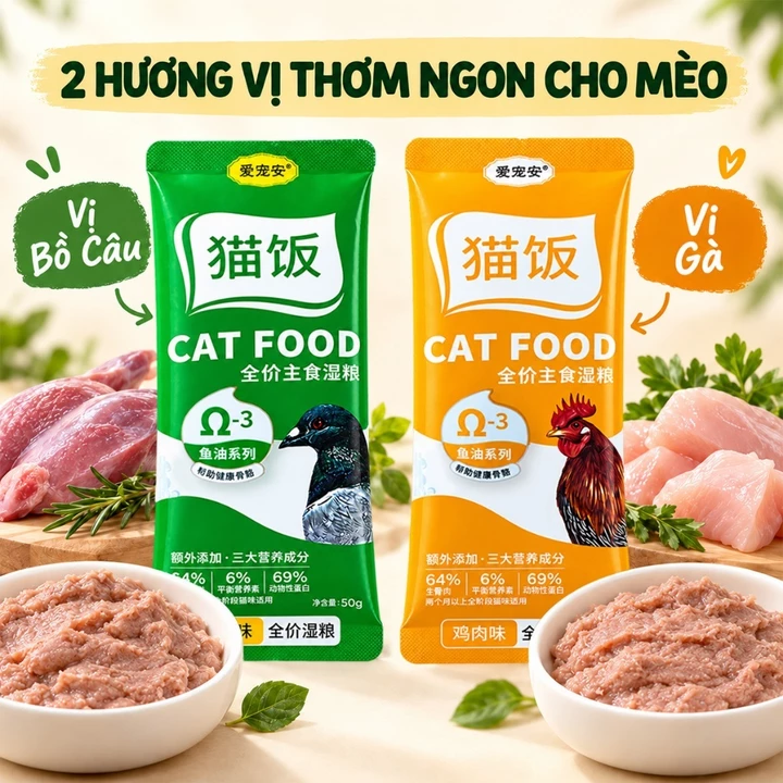 Pate Cho Mèo 50g/Gói, Combo 10 30 50 Gói, Thức Ăn Ướt Cho Mèo Vị Gà & Bồ Câu, Dạng Pate Mềm Mịn, Omega-3, Cho Mèo Con Từ 2 Tháng – 3