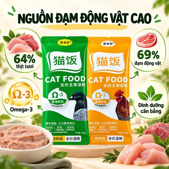 Pate Cho Mèo 50g/Gói, Combo 10 30 50 Gói, Thức Ăn Ướt Cho Mèo Vị Gà & Bồ Câu, Dạng Pate Mềm Mịn, Omega-3, Cho Mèo Con Từ 2 Tháng – 2