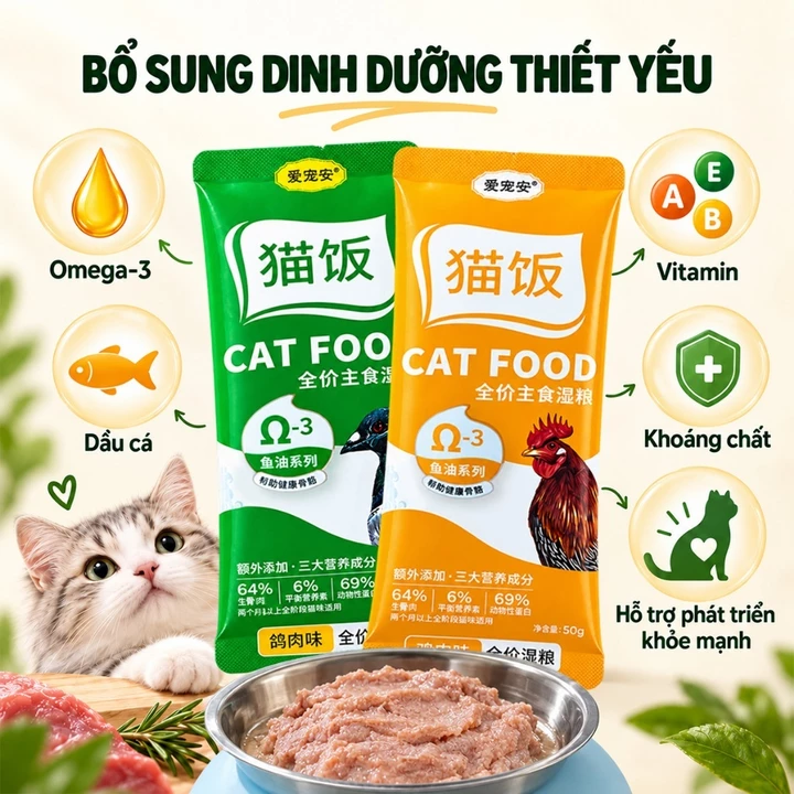 Pate Cho Mèo 50g/Gói, Combo 10 30 50 Gói, Thức Ăn Ướt Cho Mèo Vị Gà & Bồ Câu, Dạng Pate Mềm Mịn, Omega-3, Cho Mèo Con Từ 2 Tháng – 5