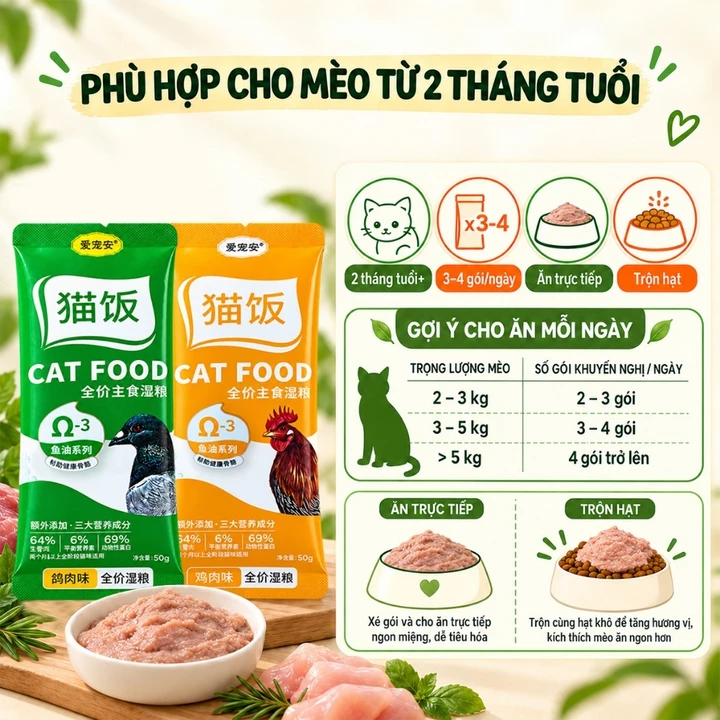 Pate Cho Mèo 50g/Gói, Combo 10 30 50 Gói, Thức Ăn Ướt Cho Mèo Vị Gà & Bồ Câu, Dạng Pate Mềm Mịn, Omega-3, Cho Mèo Con Từ 2 Tháng – 7
