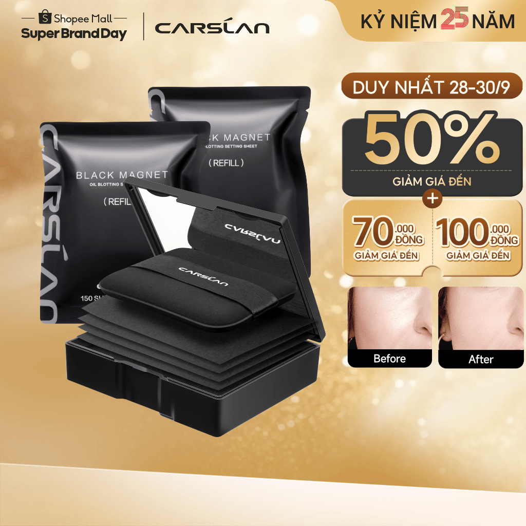 Giấy thấm dầu Black Magnet Carslan 2 trong 1 Thấm dầu Cố dịnh lớp makeup 150 tờ