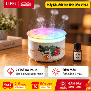 3Life Máy Xông Tinh Dầu V91A Đèn 7 Màu Hẹn Giờ 3 Mức Vận Hành Yên Tĩnh Aroma Diffuser Máy Xông Tinh Dầu Phòng Ngủ Máy Phun Dầu Thơm Phòng