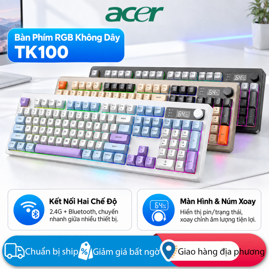 Bàn phím không dây XUNFOX TK100 RGB Kết nối chế độ kép với màn hình kỹ thuật số thông minh Thiết kế tiện dụng