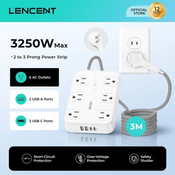 Lencent 3 mét Bảo vệ chống sét 2 Dải nguồn Prong, Bộ chuyển đổi ổ cắm 3 đến 2 Prong Dây nối dài bện 3M với phích cắm phân cực phẳng mỏng, 6 AC & 4 USB (1 Type-C) Giá treo tường