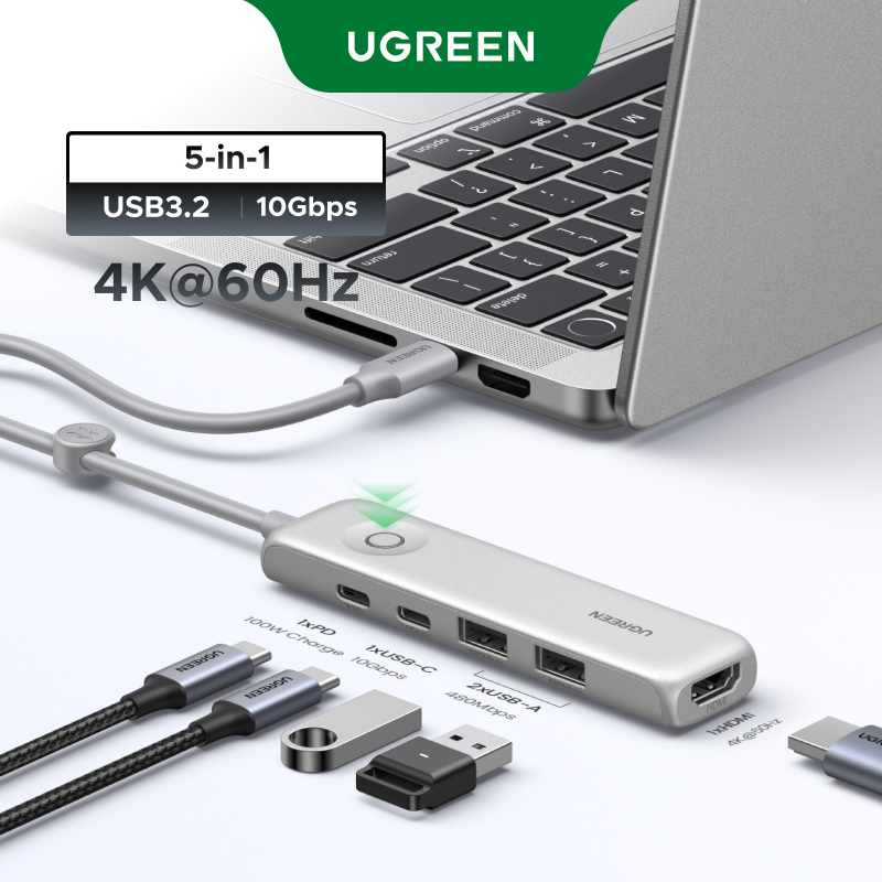 Hub 5 trong 1 UGREEN 100W PD Charge 4K @ 60Hz HDMI 10Gbps Truyền dữ liệu có nút khóa màn hình cho MacBook