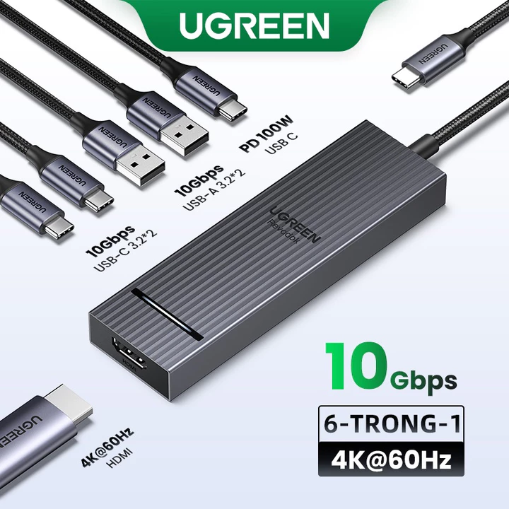 Ugreen 4K60hz 6-IN-1USB-C Trạm Docking đa chức năng USB3.2 Gen2 10Gbps cho iPad Air M2 11 "13 '' 2024 MacBook Pro M3 M2 M1 M4 MacBook Air M3 M2 M1 M4 HDMI + 2xUSB-A 3.2 + 2xUSB-C