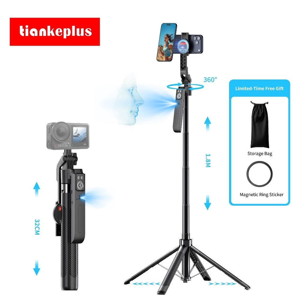 Tiankeplus C17 Pro Gậy Selfie AI Theo Dõi Khuôn Mặt 360°, Tay Cầm Cân Bằng Xoay 360°, Nam Châm & Kẹp Điện Thoại, Tripod Nhôm Kéo Dài 1.8m