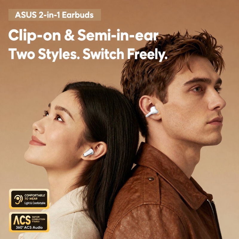 Tai nghe ASUS adol J117 Tai nghe không dây Bluetooth 6.0 2 trong 1 có thiết kế lật tai bán trong tai Âm thanh không gian IMAX Độ trễ thấp để chơi game | BigBuy360 - bigbuy360.vn