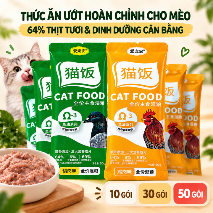 Pate Cho Mèo 50g/Gói, Combo 10 30 50 Gói, Thức Ăn Ướt Cho Mèo Vị Gà & Bồ Câu, Dạng Pate Mềm Mịn, Omega-3, Cho Mèo Con Từ 2 Tháng