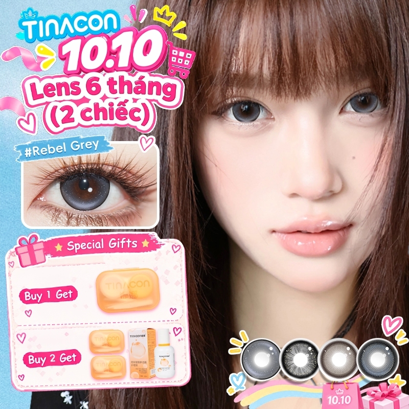 Kính áp tròng TINACON xám, đen và nâu tự nhiên, hàng chính hãng, 2 chiếc 6 tháng, hiệu ứng trong suốt, mắt to DIA14.2-14.5mm, lens cận thị mềm mại có độ (0-8), hot trend