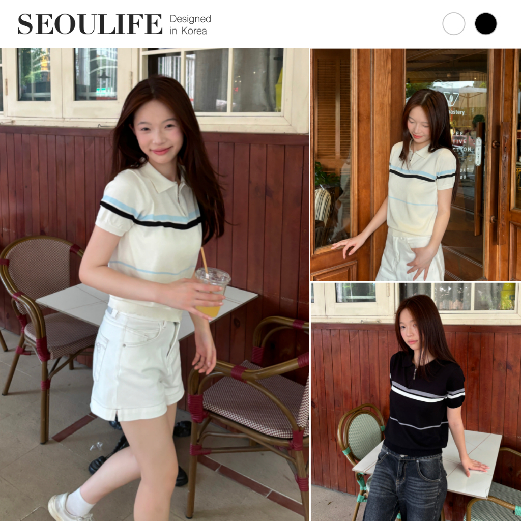 SEOULIFE | Mùa Thu Đông 2026 Phong Cách Preppy Tương Phản-Trim Sọc Cổ Áo Len Đan Tay Ngắn Cardigan, Hoàn Hảo Cho Công Việc, Trường Học, Hiệu Ứng Làm Sáng, Đen Trắng