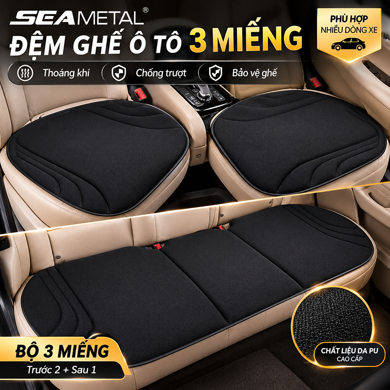 SEAMETAL Đệm Ghế Ô Tô 3 Miếng Da PU Chống Trơn Trượt Thoáng Khí Bảo Vệ Ghế Phù Hợp Nhiều Dòng Xe