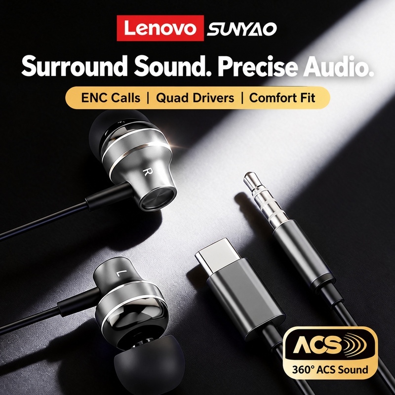 Tai nghe Lenovo Sunyao YF42 Type-C Tai nghe có dây HiFi kim loại có độ trễ thấp 360° Âm thanh vòm có Mic khử tiếng ồn | BigBuy360 - bigbuy360.vn