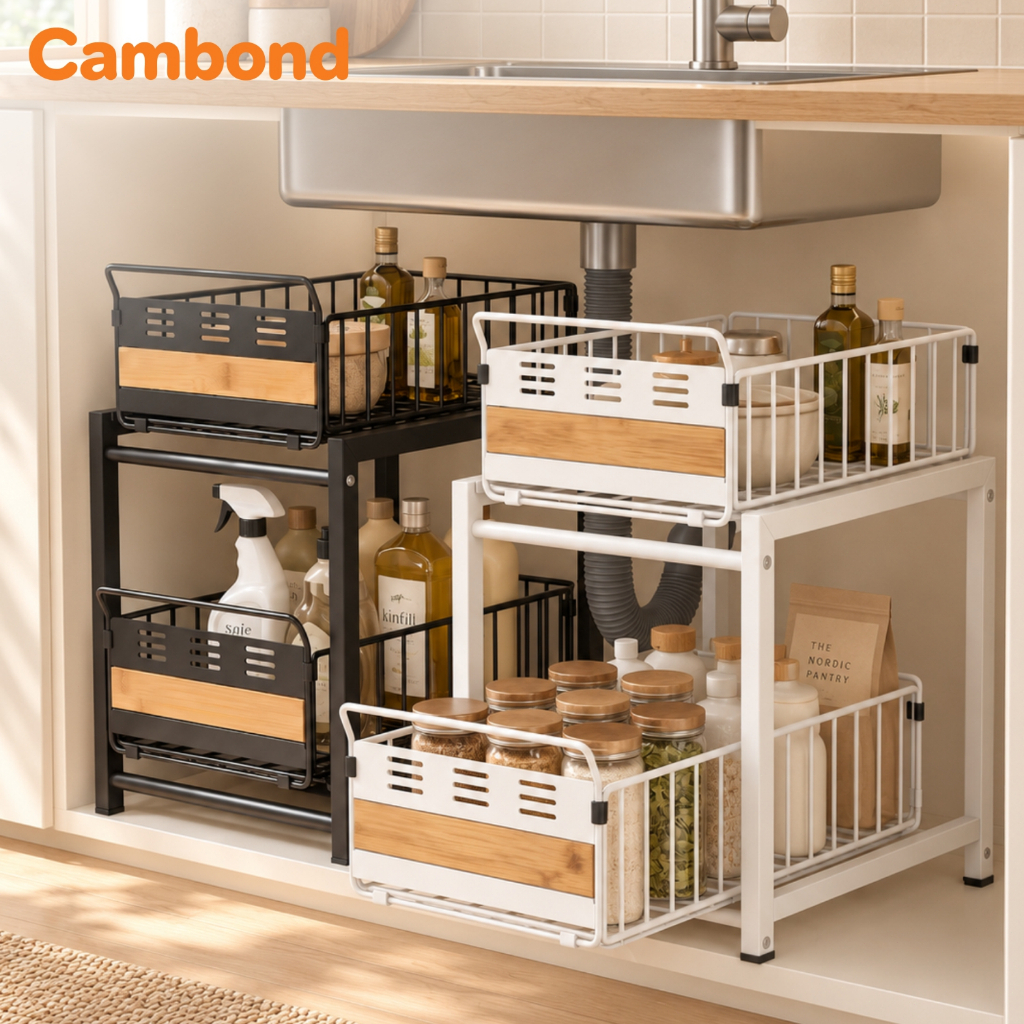 Cambond Dưới Bồn Rửa Nhà Tổ Chức Giá Tủ Bếp Có Trượt Sắp Xếp Kệ Kéo Ra Giỏ