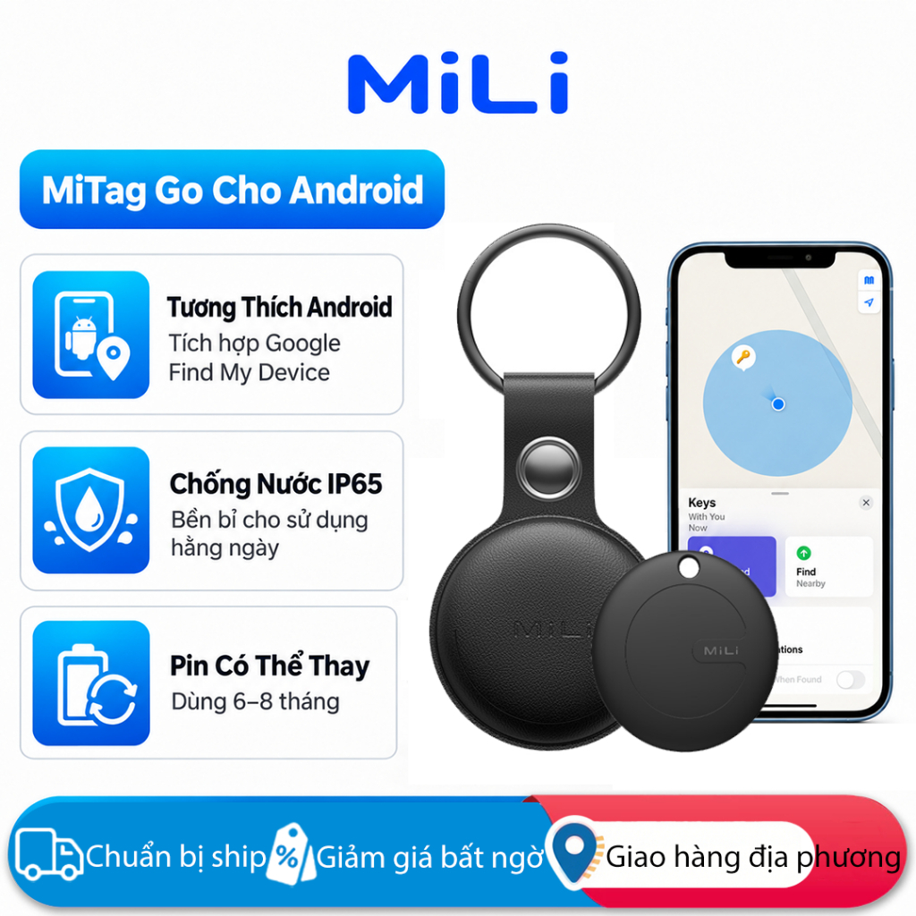 Bộ theo dõi Bluetooth MiLi MiTag (4 chiếc), Bộ tìm chìa khóa và định vị thú cưng cho chìa khóa, túi xách và hơn thế nữa, Phạm vi lên tới 120m, Chống nước, Công cụ tìm điện thoại, Tương thích với iOS & android